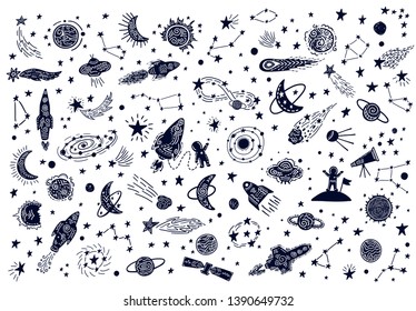 Collection of black and white doodle drawings on theme of cosmos: planets, stars, moon, sun, constellations, comets, ufo, astronauts, rockets, nebula. Vector illustration isolated on white background.