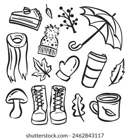 A collection of black and white doodles depicting various autumn items such as leaves, pumpkins, acorns, squirrels, apples, cornucopias, and mushrooms.