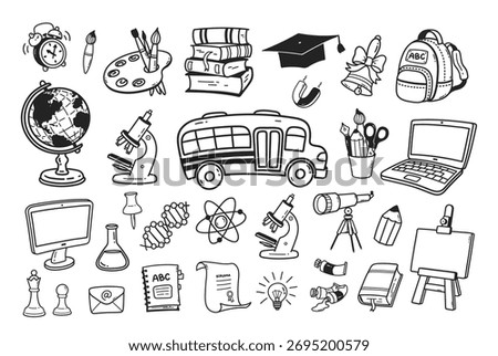Collection of black and white doodles featuring school items like books, microscope, backpack, bus, and laptop. Perfect for education designs and learning projects.ap