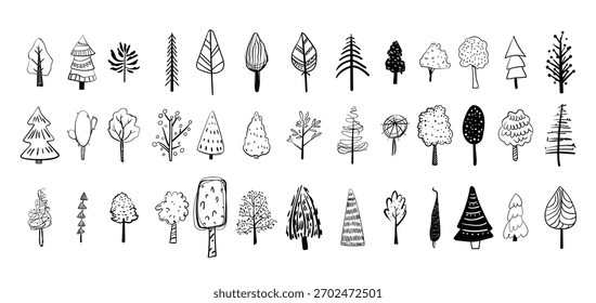 Collection of black and white doodles trees of different types. Hand-drawn style icons.