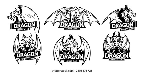 Colección De Logotipos Del Club Deportivo Dragón Blanco Y Negro Que Representan A Dragones Feroces En Posturas Atléticas. Emblemas monocromos