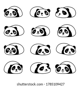 Collection of black and white drawings of cute funny pandas, vector illustration