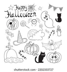 Collection of black and white drawings for Halloween. Hand-drawn individual elements. Spider web, spider, ghost, candle, grave, monument, black cat, bat, jack pumpkin, stars, full moon, candy.