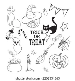 Collection of black and white drawings for Halloween. Hand-drawn individual elements. Witch's cauldron, candle, black cat, spider web, ghost, grave, monument, jack pumpkin, hat, candy, lantern.