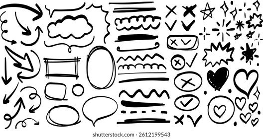 A collection of black and white drawings of various shapes and symbols, including hearts, arrows, and checkmark