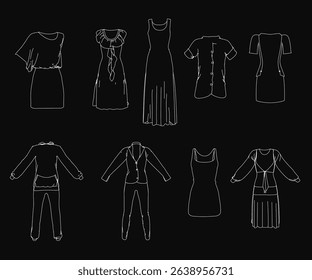 A collection of black and white drawings of various types of clothing, including dresses, skirts, and suits