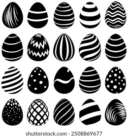 A collection of black and white easter eggs featuring various intricate designs