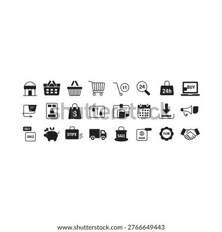 Collection of black and white ecommerce and shopping related icons arranged neatly