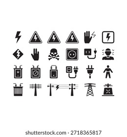 Collection of black and white electrical hazard and safety warning symbols