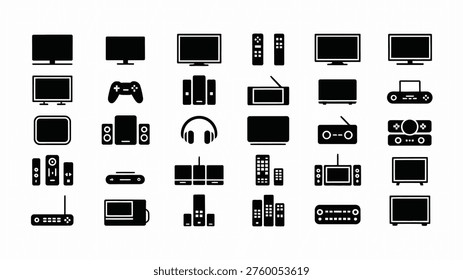 Collection of black and white electronic device icons including tvs computers gaming consoles and audio equipment on a plain white background for graphic design