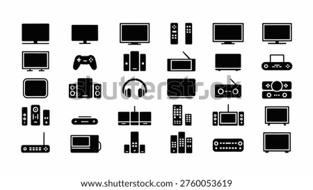 Collection of black and white electronic device icons including tvs computers gaming consoles and audio equipment on a plain white background for graphic design