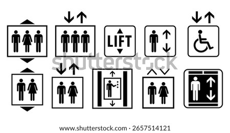A collection of black and white elevator or lift signs, showing capacity, direction, and gender inclusivity.