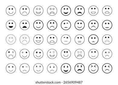 Colección de emojis en blanco y negro que muestran varias emociones.