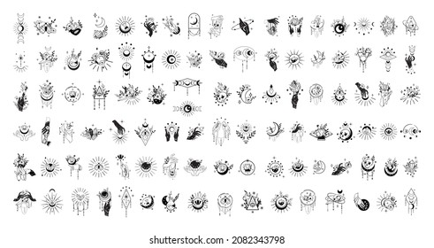 Collection of black and white esoteric tattoos. Mystical stickers.