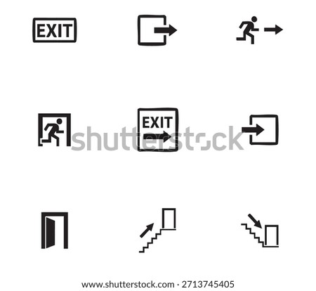 Collection of Black and White Exit Sign and Emergency Egress Icons
