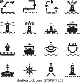 A collection of black and white featuring various types of ships including sailboats, submarines, yachts, tugboats, and cargo ships alongside nautical symbols like anchors, lighthouses,.........