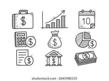 Collection of black and white finance doodles including money, bank, chart, calculator, pie graph, briefcase, bill, and calendar. Perfect for financial, business, and investment themes.