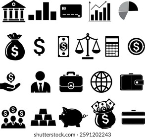 Collection of black and white financial and business icon,including bank,credit card,money symbols
,scales,piggy bank,graphs, and calculator,ideal for banking,finance,investment, and economic themes.
