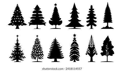 Collection of black and white fir tree silhouettes. Fir tree design for the Christmas celebration. Fir tree templates of different shapes