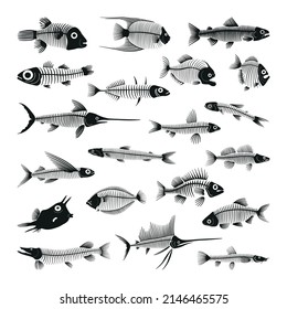 Collection of black and white fish skeletons.