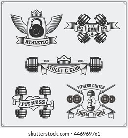 Collection of black and white fitness labels, emblems, badges, logos and design elements.