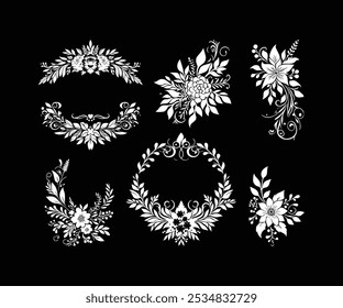 collection of black and white flat art flower vectors for wedding decorations