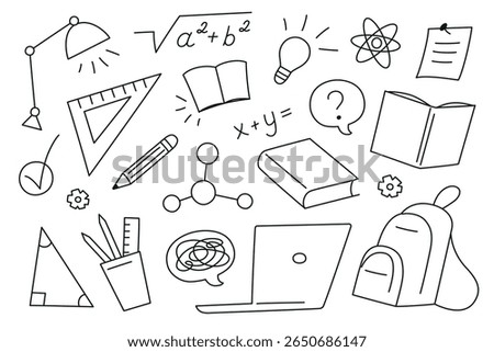 Collection of black and white flat cartoon vector doodles on school, education and science topics. Stationery elements, creative symbols, academic objects for posters, planners, web design