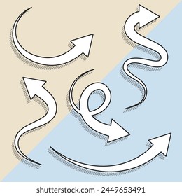 Collection of black and white flat curved hand-drawn arrows isolated background with halftone shadow. Simple arrow marks icons for infographics, UI, website, or presentation. Vector illustration