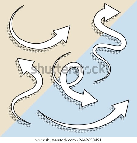 Collection of black and white flat curved hand-drawn arrows isolated background with halftone shadow. Simple arrow marks icons for infographics, UI, website, or presentation. Vector illustration