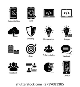 A collection of black and white flat icons representing various business and technology concepts like customization, app, security, monetization, collaboration, feedback, and launch.
