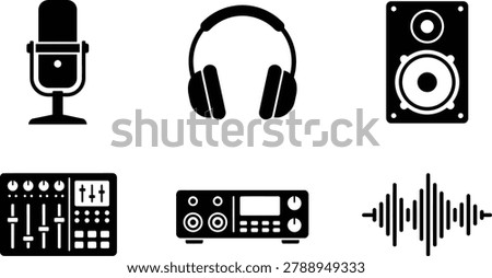 A collection of black and white flat icons representing various audio recording and production equipment such as microphones speakers and mixers.