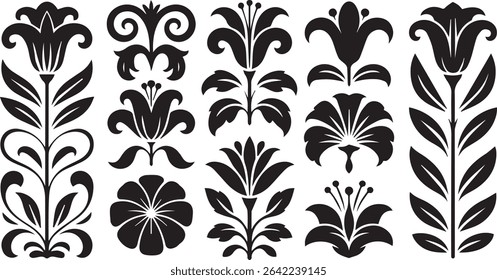 Collection of black and white floral design elements
