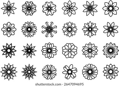 A collection of black and white floral designs depicting a variety of flowers for artistic and decorative purposes, featuring various petal arrangements and botanical imagery.