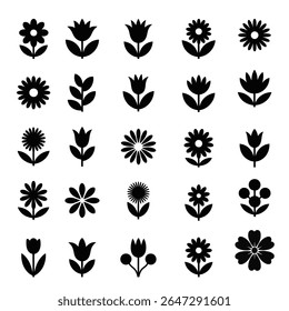 Collection of black and white floral silhouettes design elements with various flower types