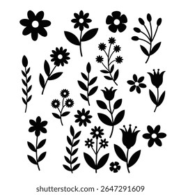 A collection of black and white floral silhouettes with leaves for design elements