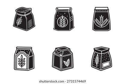 Coleção de Ilustrações de Saco de Farinha Preto e Branco Apresentando Trigo e Grão para Necessidades de Cozedura e Ideias de Organização de Despensa