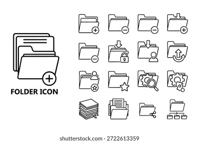 Colección de íconos de carpetas en blanco y negro con varios símbolos como agregar, menos, buscar y usar para la organización de datos.