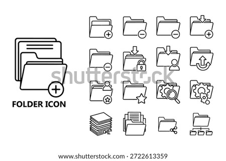 Collection of black and white folder icons with various symbols like add, minus, search, and user for data organization.