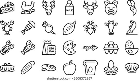 Collection of Black and White Food Icons – Cheese, Meat, Seafood, Dairy, Fruits, and Baked Goods