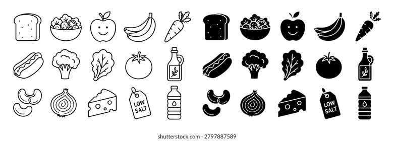 Collection of black and white food including bread salad apple banana carrot hotdog broccoli lettuce tomato oil cheese onion cashews and water bottle