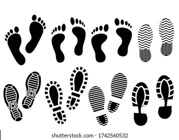 collection of black & white footprint silhouette. Shoe print & sandal print icon isolated on white background Vector illustration.