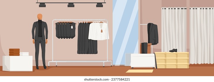 Collection of black and white formal wear on sale at shop showcase. Collection of jacket, shirt, trousers, vest, shoes. Male warm office uniform demonstrated on mannequin. Vector illustration