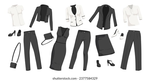 Collection of black and white formal wear. Collection of jacket, shirt, trousers, dress, skirt, handbag, blouse. Male and female office uniform. Isolated on white background. Vector illustration