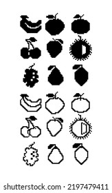a collection of black and white fruit pixel icon vector illustrations in simple style
