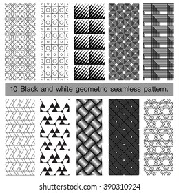 Collection of black and white geometric seamless pattern. Abstract background. Vector seamless pattern.