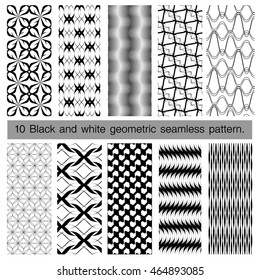Collection of black and white geometric seamless pattern. Abstract background. Vector seamless pattern.
