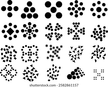 A collection of black and white geometric shapes, including circles, squares, and triangles. The shapes are arranged in various patterns and sizes, creating a sense of movement and depth