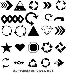 Colección de Formas geométricas en blanco y negro e íconos de flechas sobre un fondo blanco