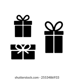 Collection of Black and White Gift Box Icons with Ribbons and Bows Design.