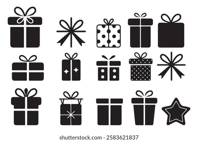 Collection of Black and White Gift Box Icons, Gift box icons on white background. Vector illustration.